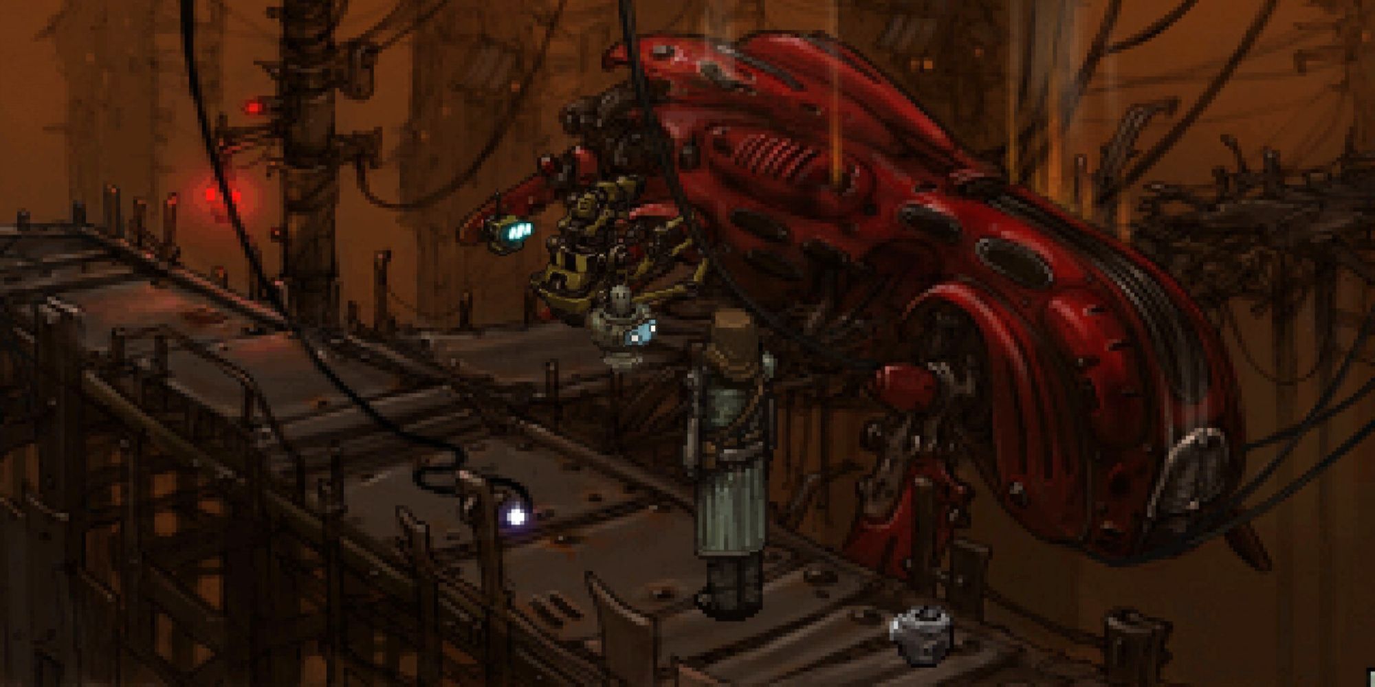 Horatio and Crispin stand on a metal bridgeway, while a machine repairs a red vessel