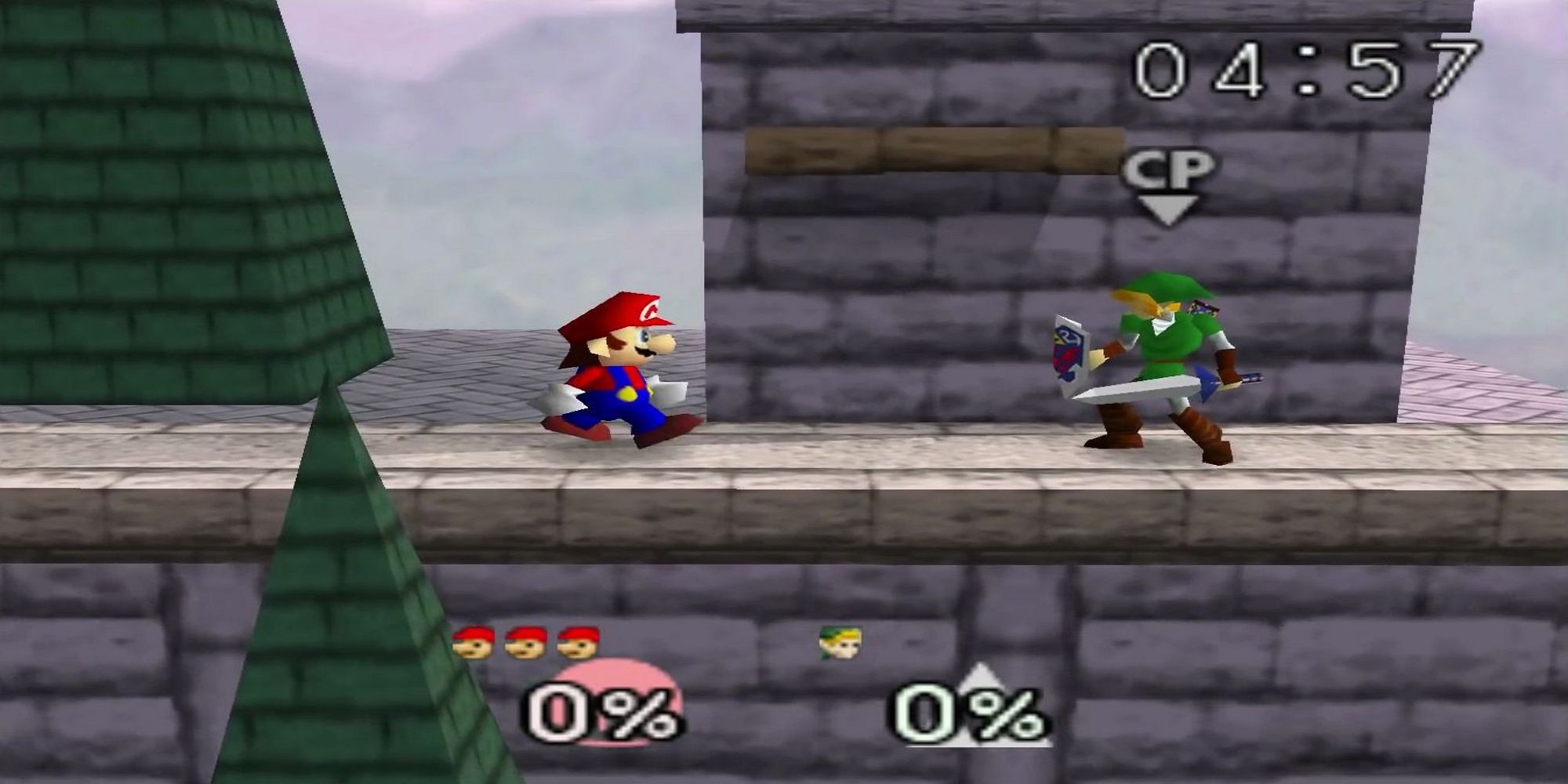 Mario fights Link in Super Smash Brothers (64)
