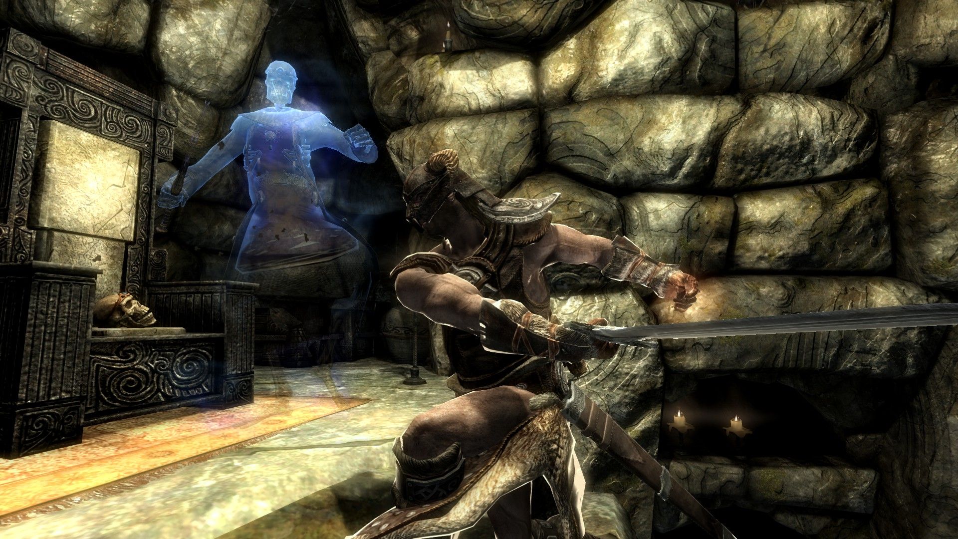 A man strikes down a ghostly woman with a throne and skull in the background.