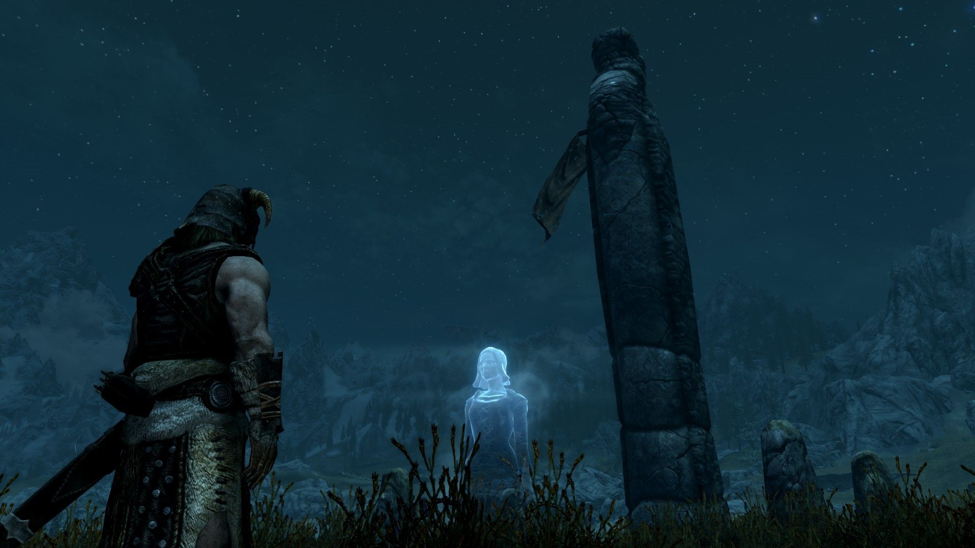 A ghostly woman talks to an adventurer at night by a tall, stone monument.