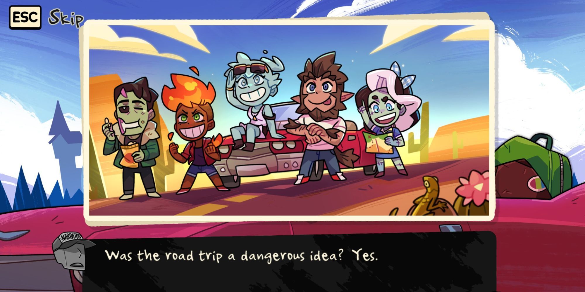 A photo of Brian, Amira, Polly, Scott, and Vicky by their car as they start their roadtrip, with the narrator stating its danger