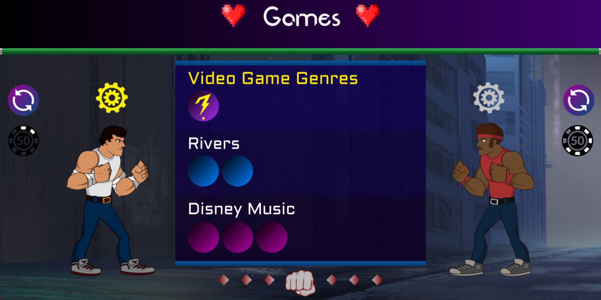 2 avatars face off each other as thee categories appear on screen: video game genres, rivers, and Disney music