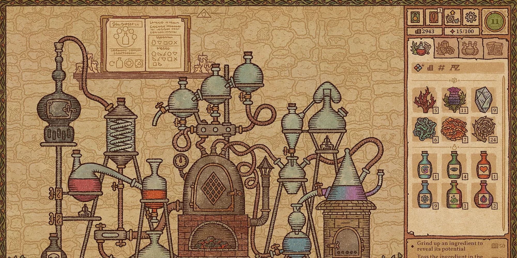 The fully repaired Alchemy Machine, with ingredients and mixed potions on the side