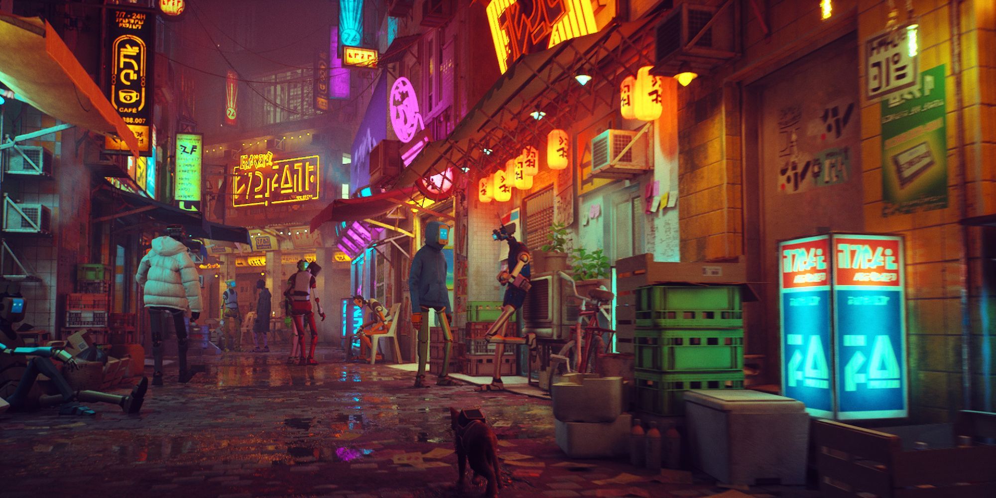 The Stray cat walks around the bright, narrow streets of Midtown, full of neon signage and various robots hanging out