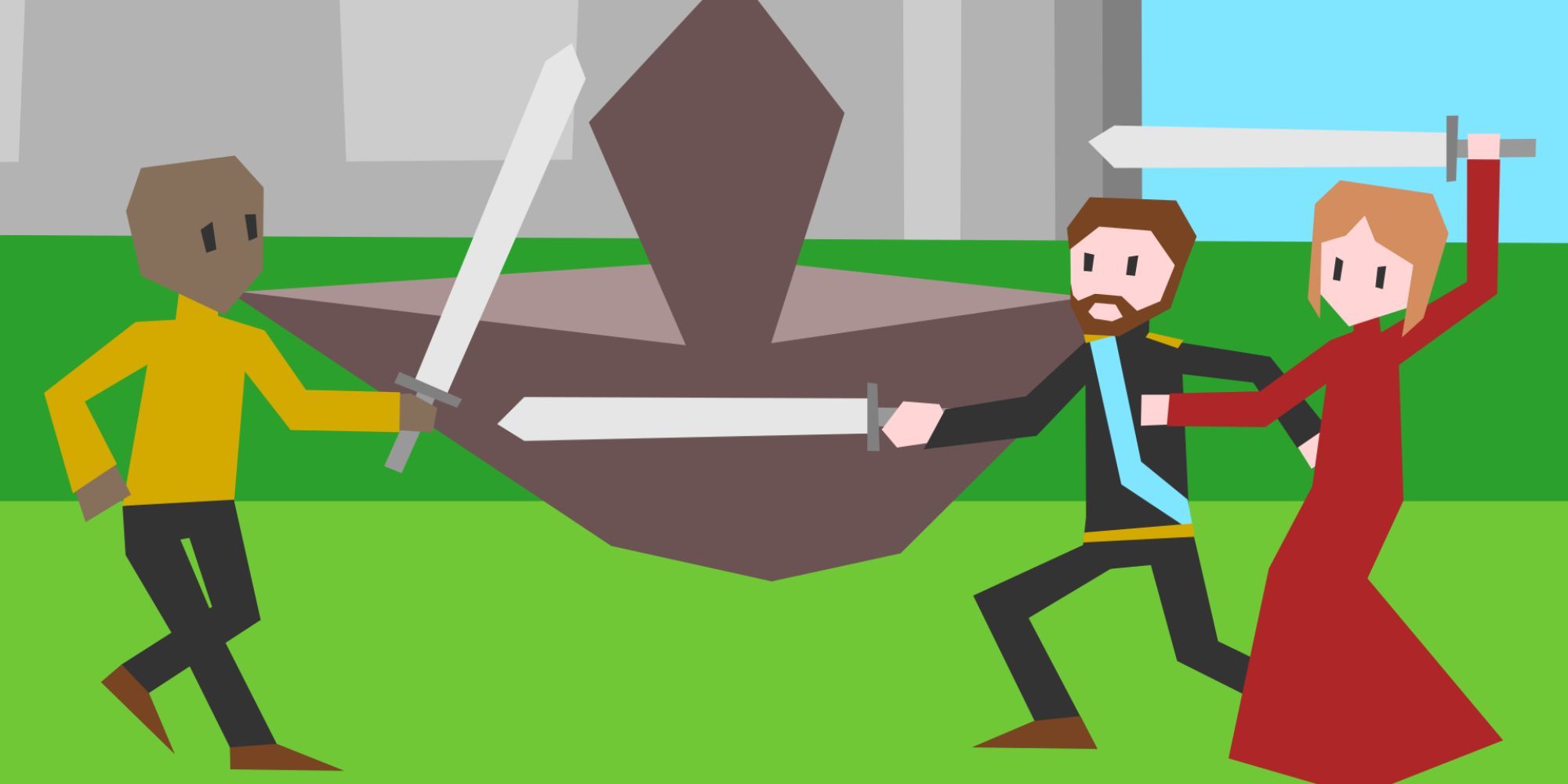 a man in a sweater holding a sword defensively faces off against a woman in a dress and a man in royal garb who both have their swords drawn