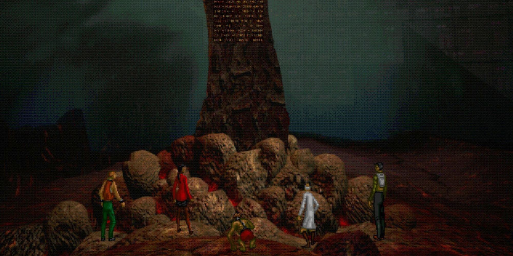 Gorrister, Ellen, Benny, Nimdok, and Ted look up at AM's rock pillar