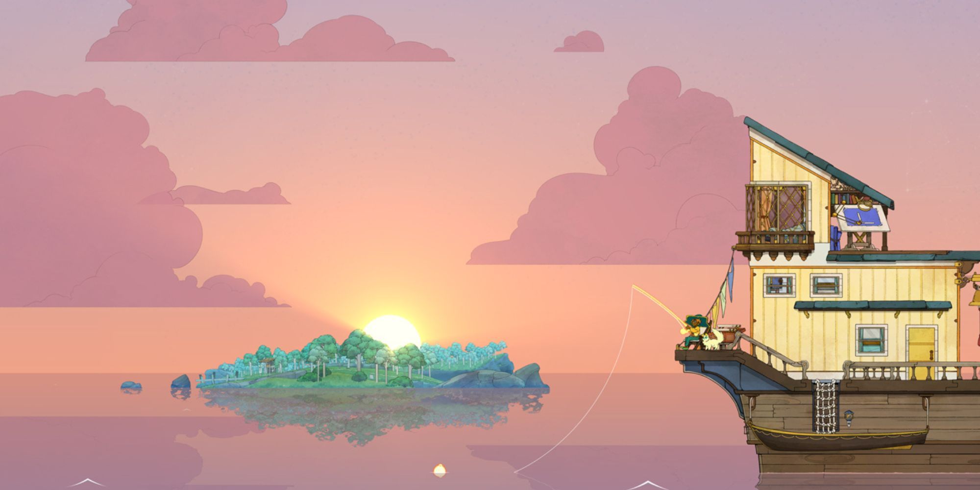 The sun sets by a a distant island while Stella fishes off the side of her boat