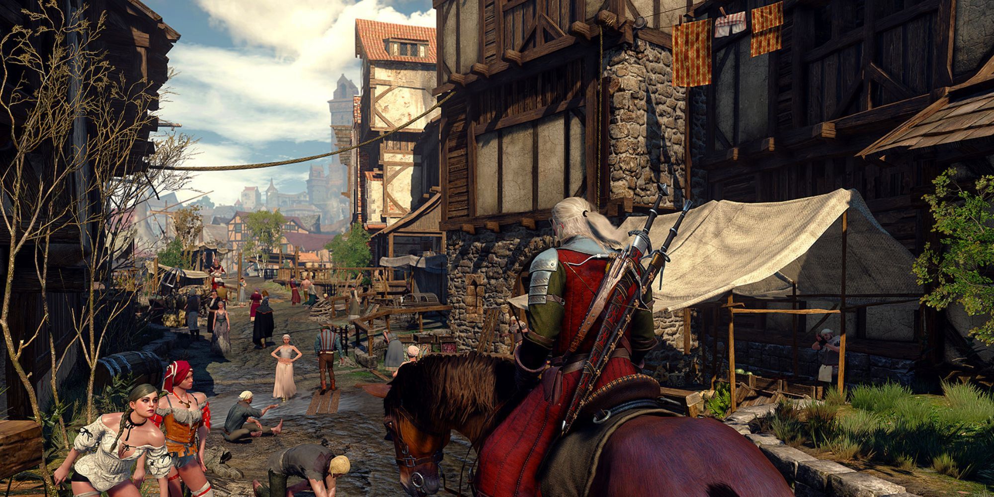 Gerald rides on Roach as he strides through a cobnble road with various villagers