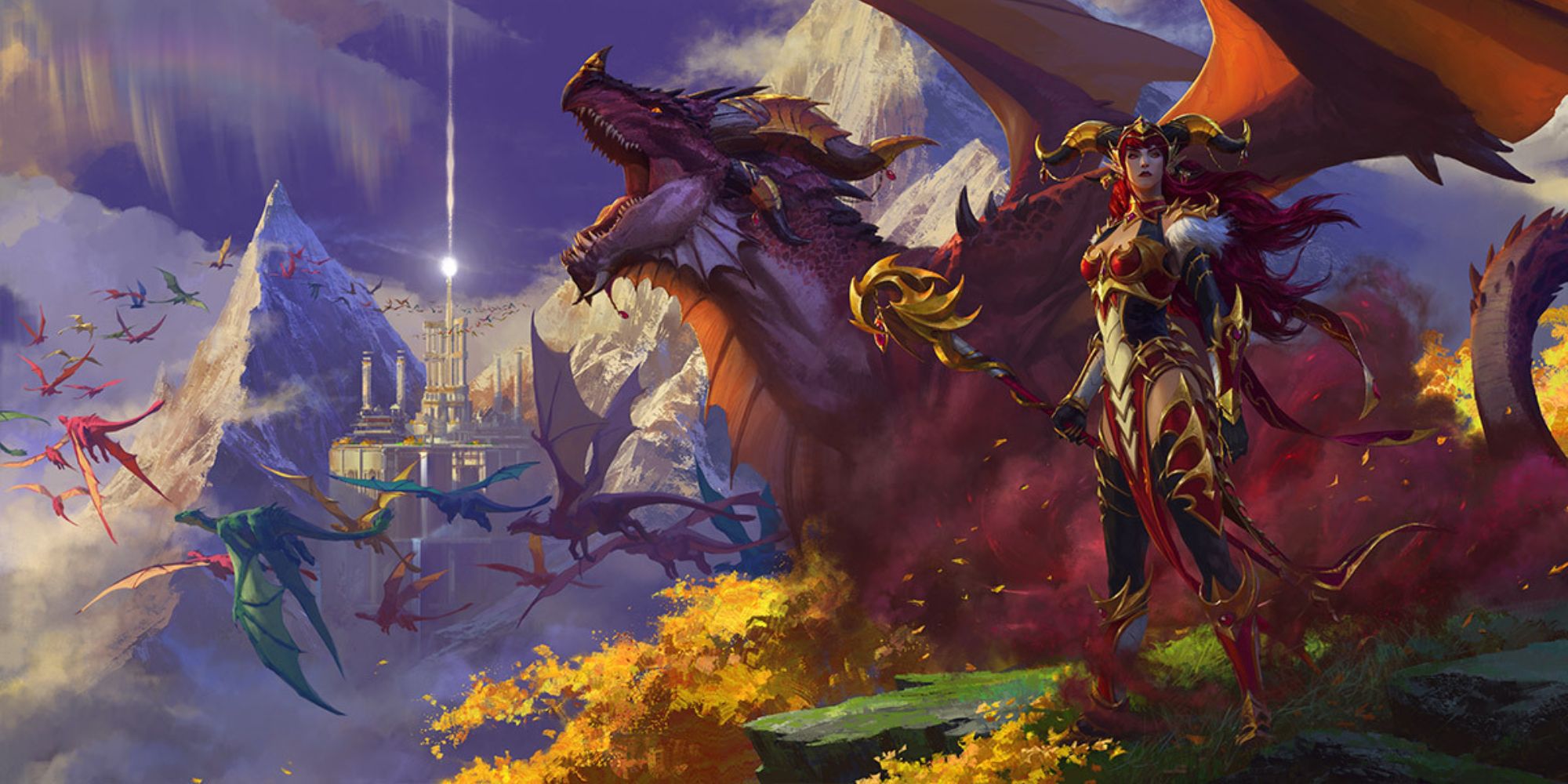 A woman in armor stood in front of a dragon