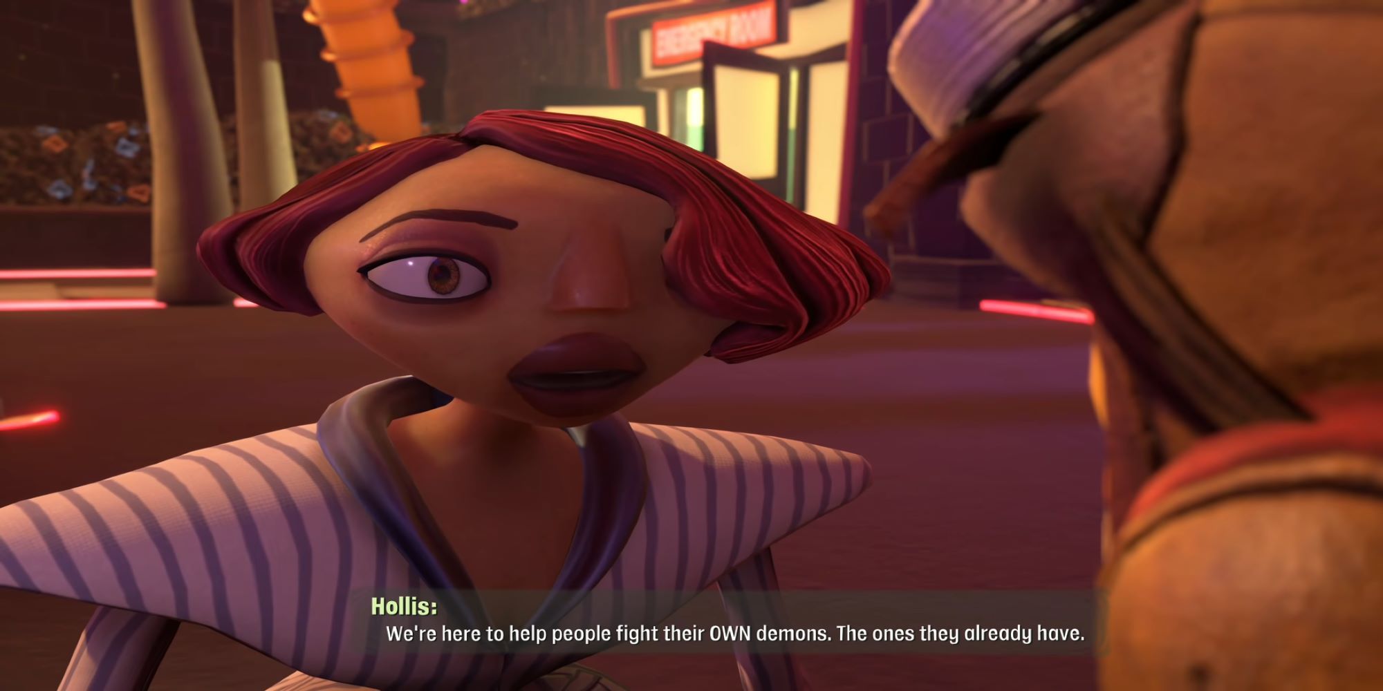 Agent Hollis talking about fighting demons in Psychonauts 2