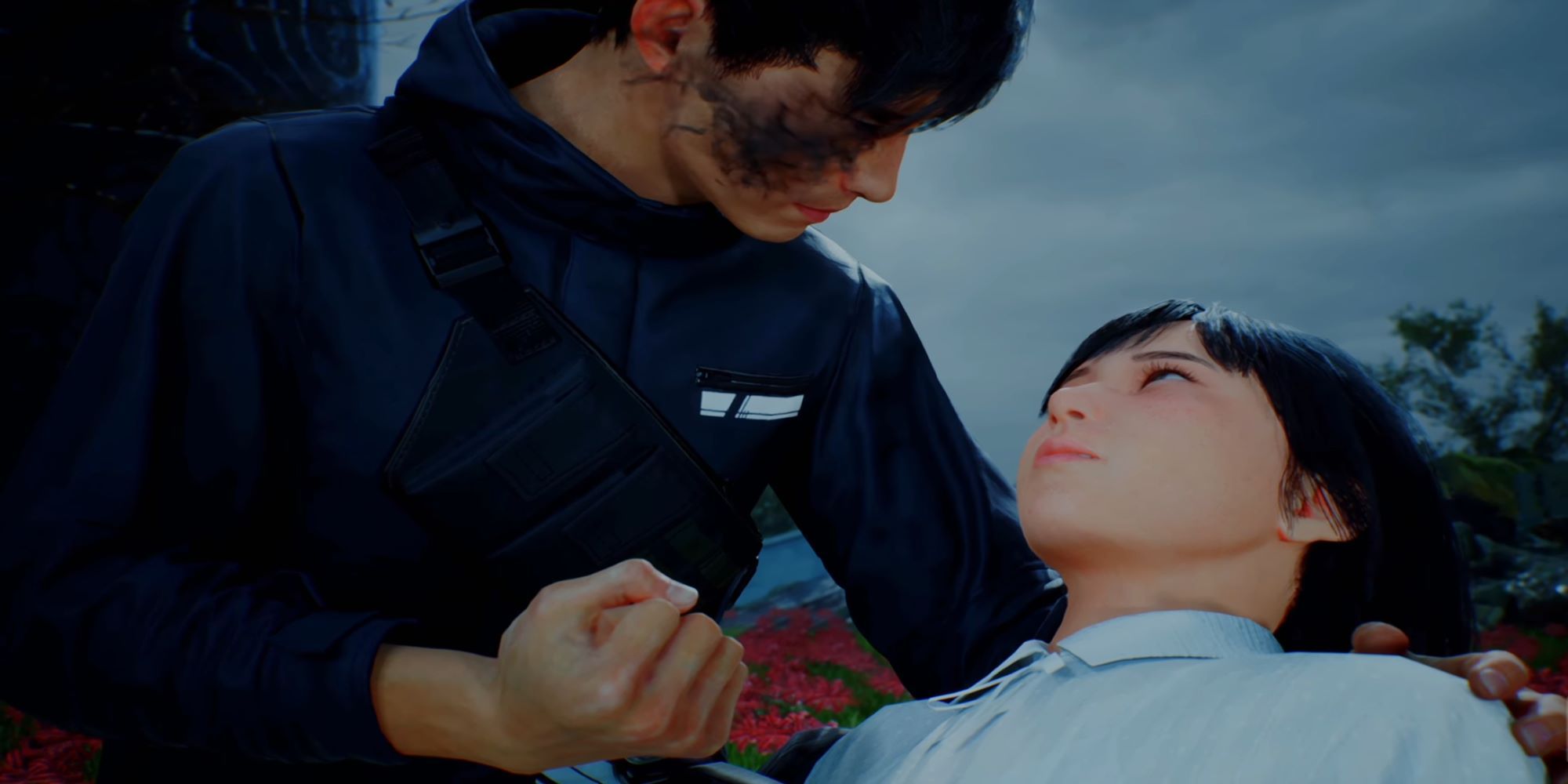Akito holding Mari in a field of spider lilies in Ghostwire Tokyo