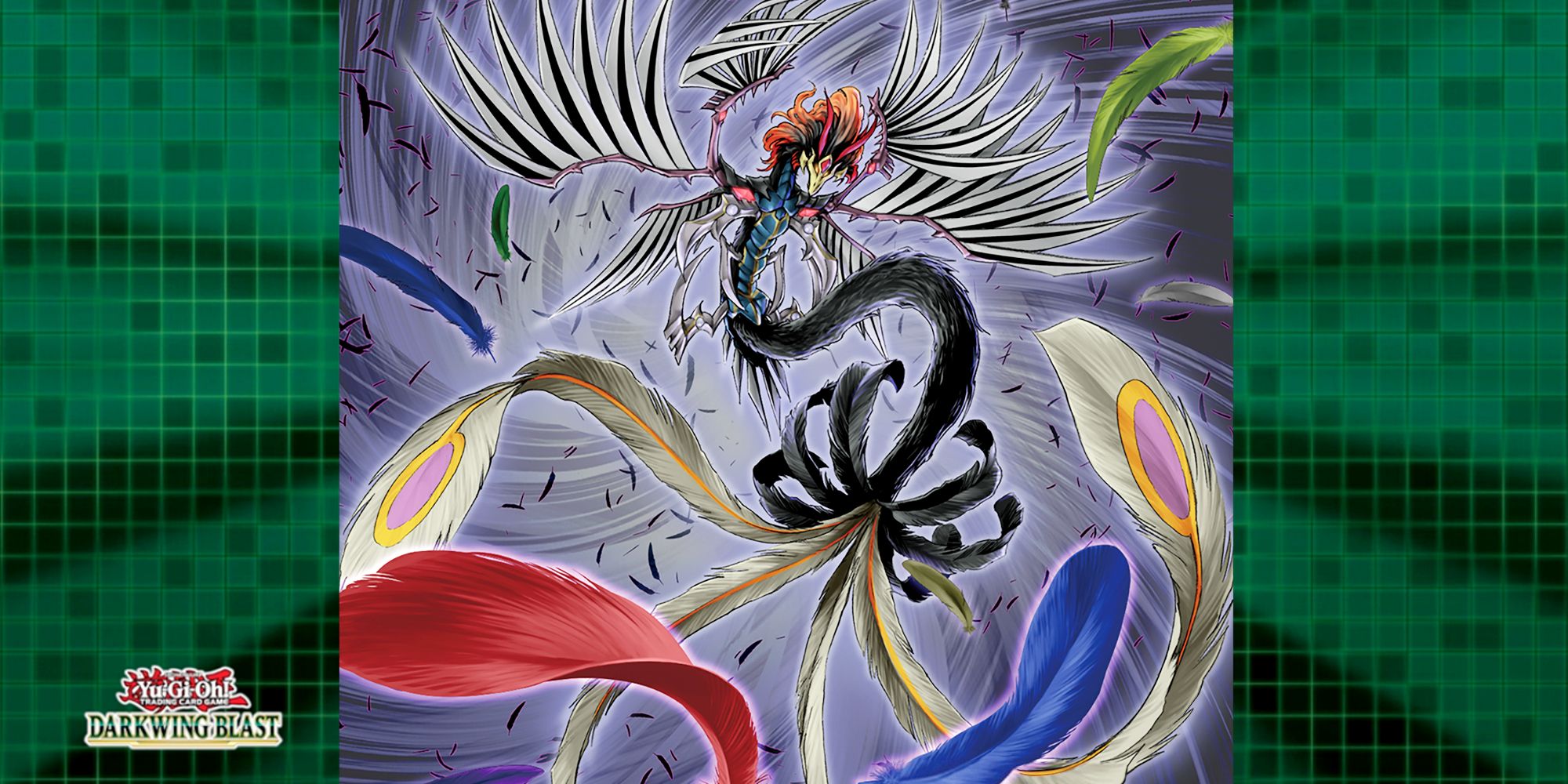 The Spell card Black Feather Whirlwind, depicting Black-Winged Assault Dragon in a fierce tornado raining blue and green feathers down upon its enemies.