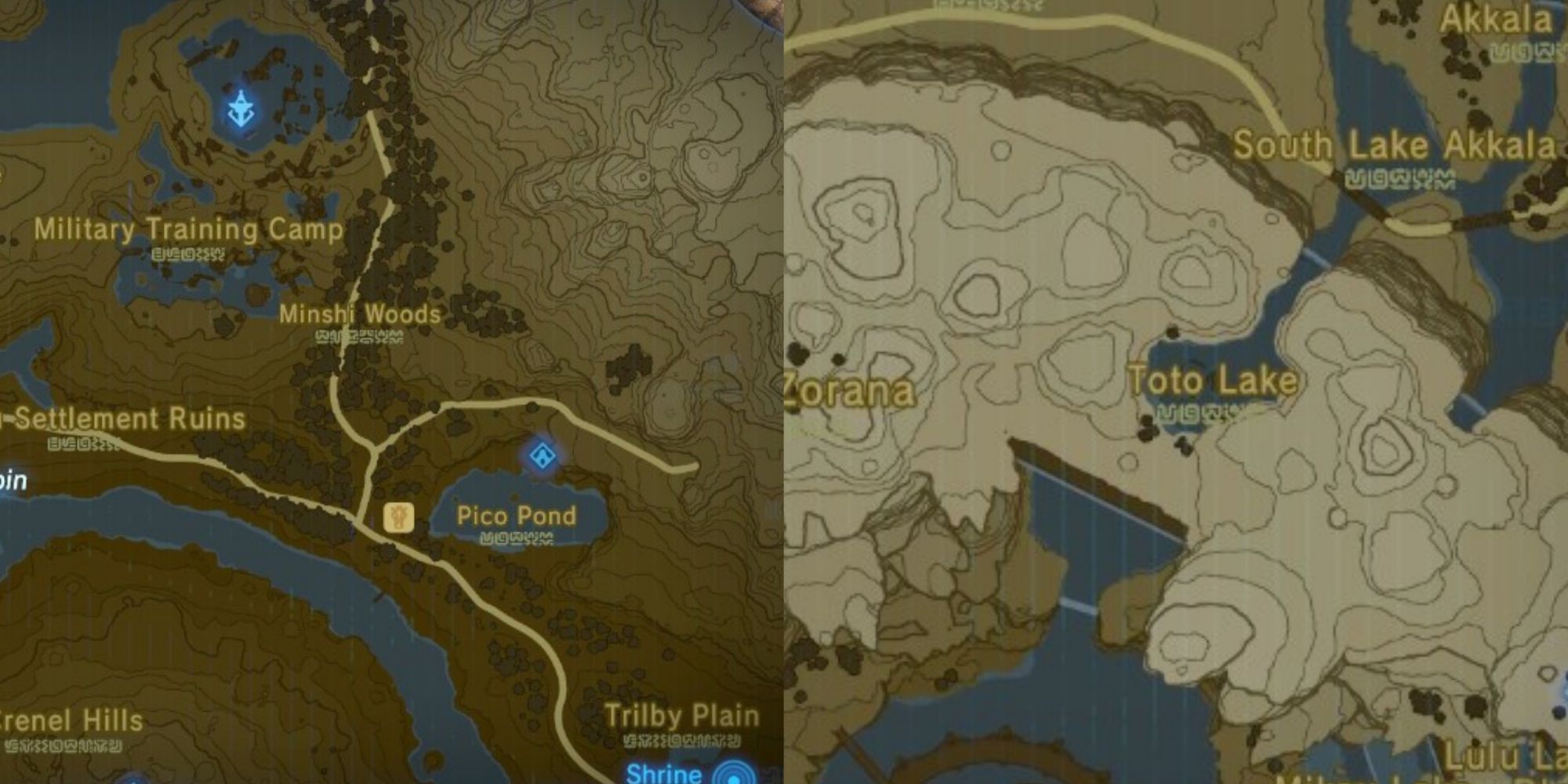 Split image screenshots of Breath of the Wild's map, showing Minshi Woods and Toto Lake.