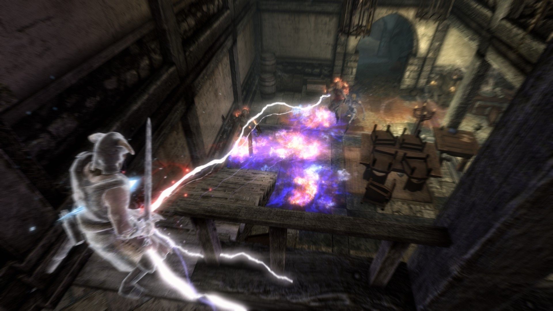 A warrior is struck by lightning from several enemies as he stares down at a burning puddle of oil