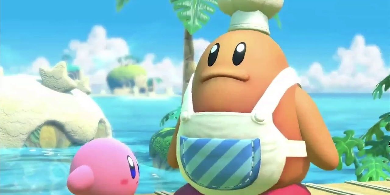 Chef Kawasaki hanging out on a beach with Kirby