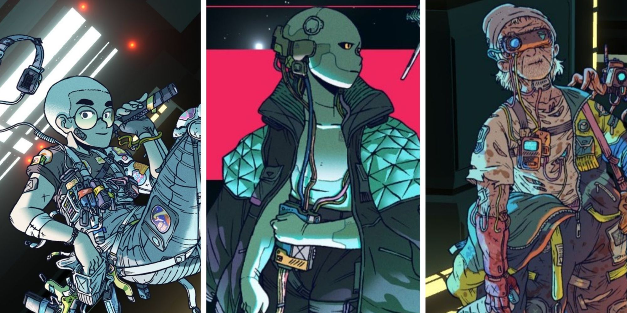 Citizen Sleeper collage of Bliss (left), the game's main character (center), and Dragos (right)