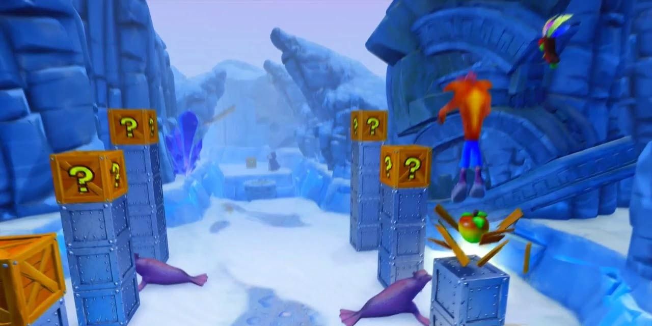 Crash and Aku Aku venturing trhough a snowy level in Crash N.Sane trilogy