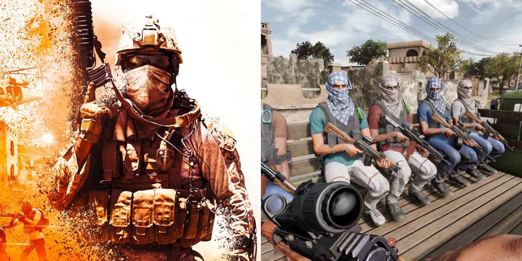 Split image of the Insurgency: Sandstorm Logo paired with a truck of machine gun-wielding players.