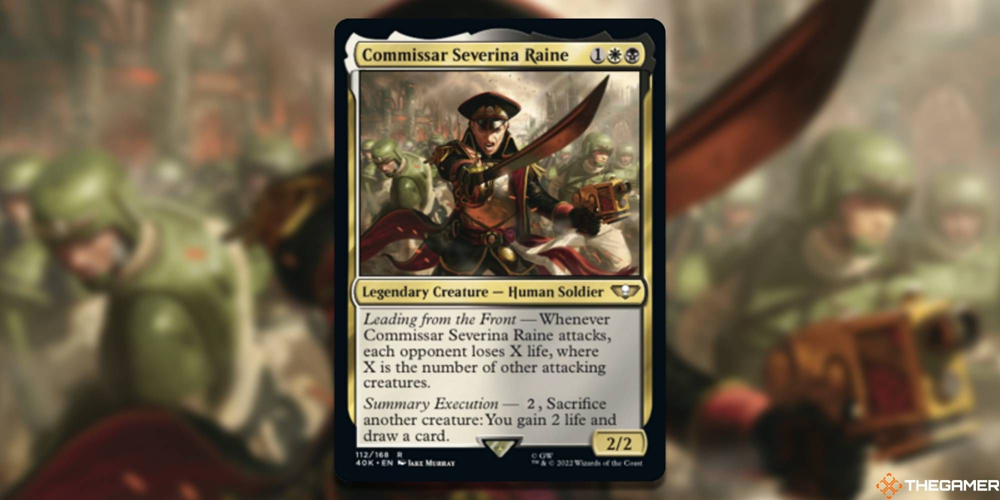 Image of the Commissar Severina Raine card in Magic: The Gathering, with art by Jake Murray