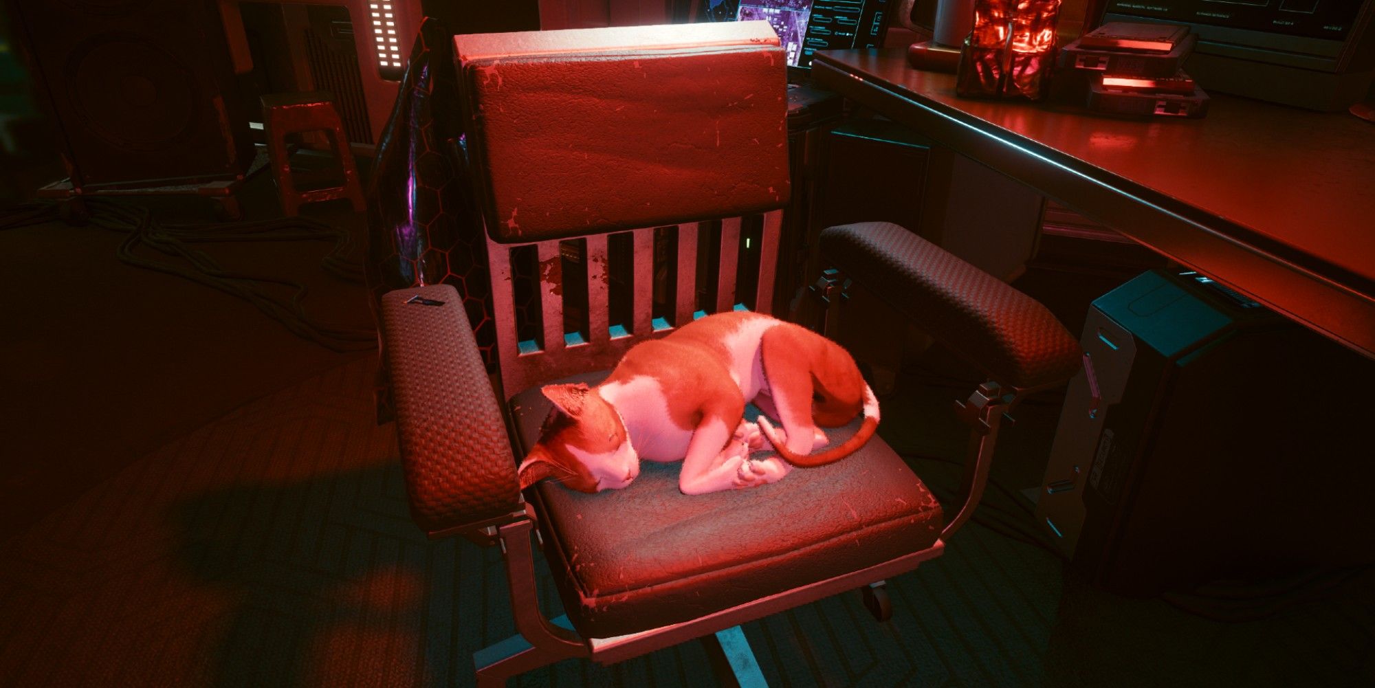 cyberpunk cat sleeping on a chair