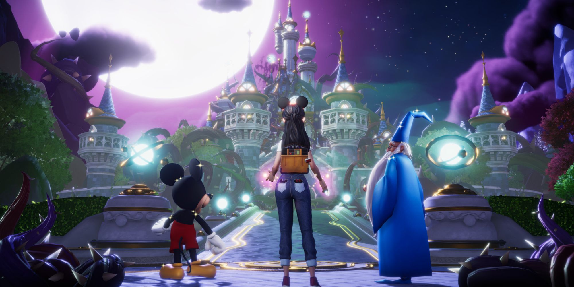 Player character standing in between Mickey Mouse and Merlin staring at a castle silhouetted against the moonlit sky in Disney Dreamlight Valley