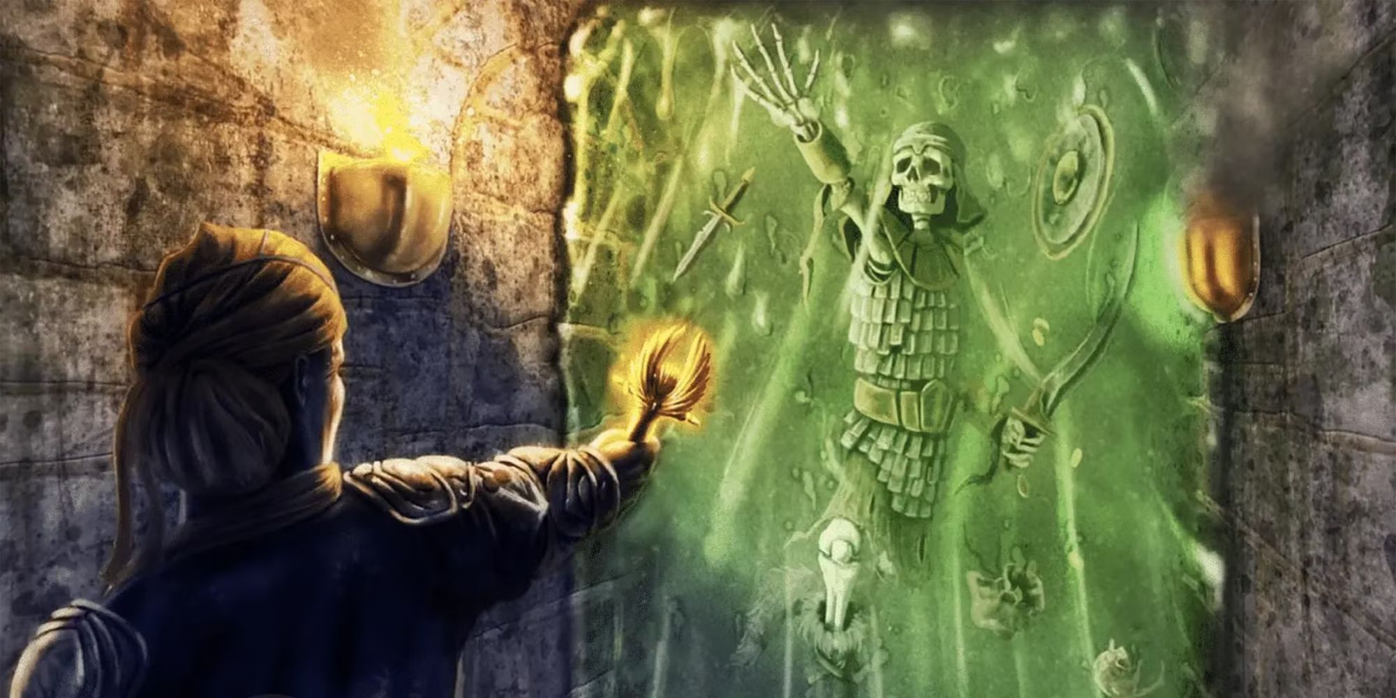 A cleric holds out a holy symbol to ward off a gelatinous cube with a skeleton inside.