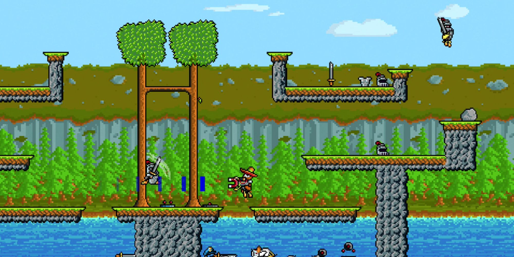 cartoon ducks fighting each other in a lakeside setting.