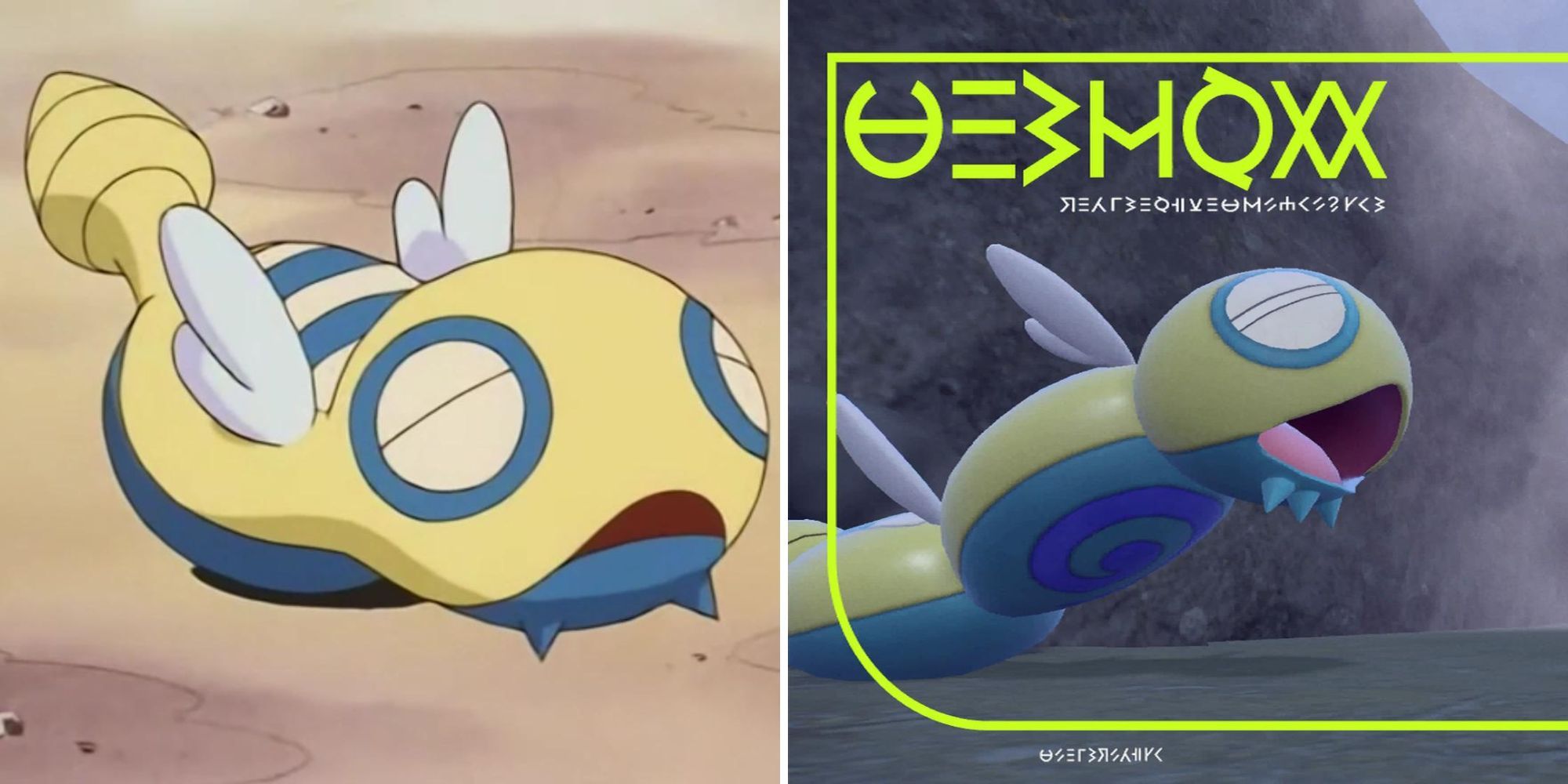 Dunsparce lays on a dirt path and Dudunsparce raise its head