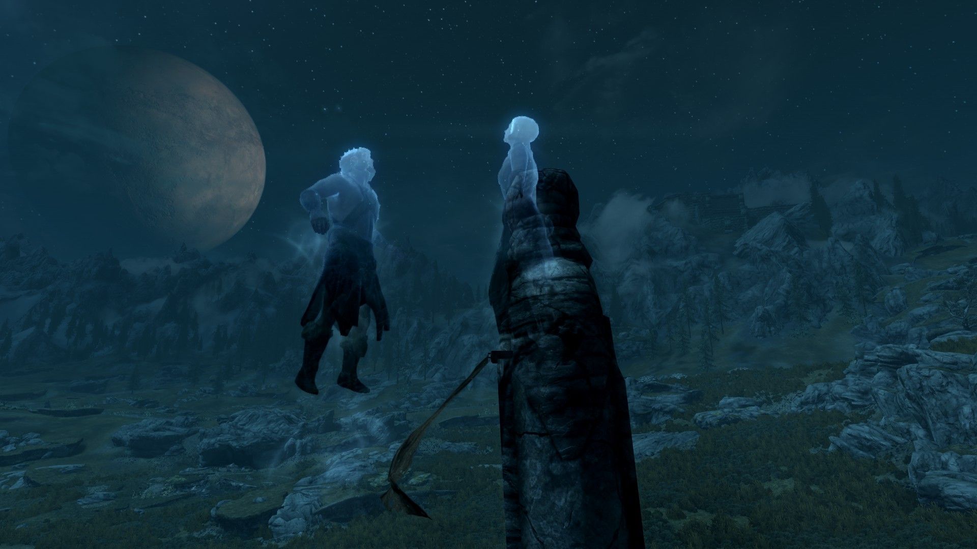 A pair of ghosts rise into the sky at night.