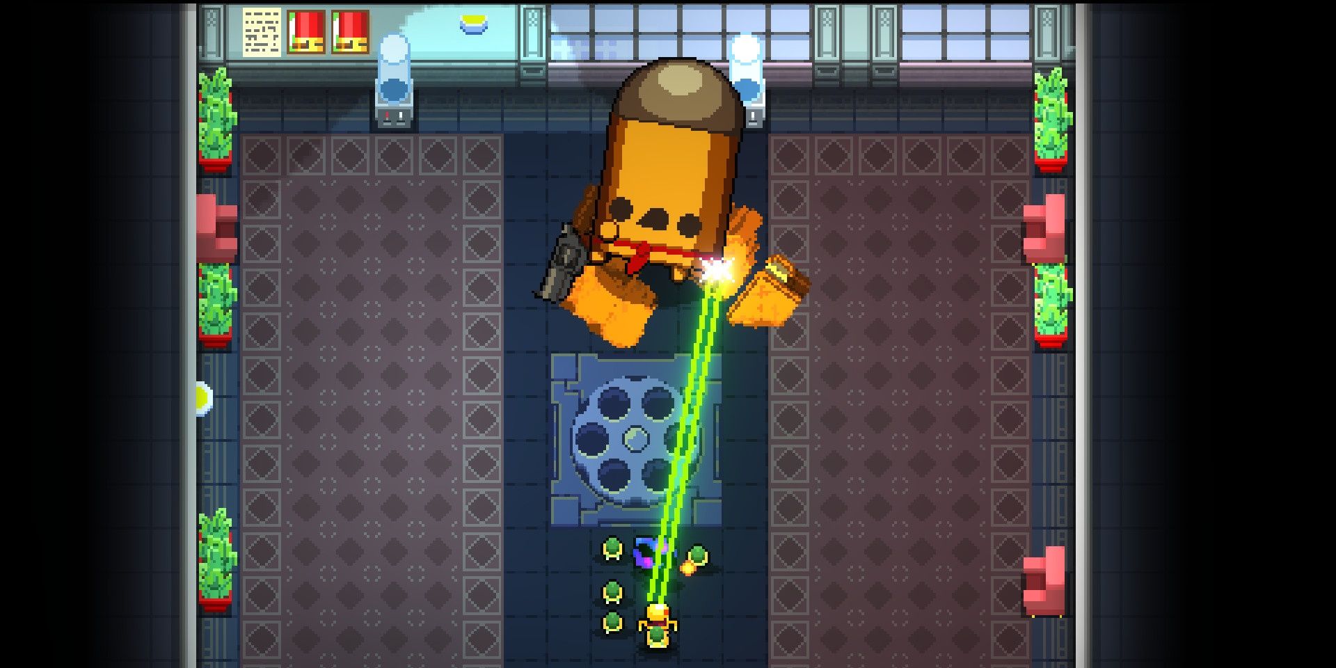 The player shooting at a giant walking bullet in Enter the Gungeon