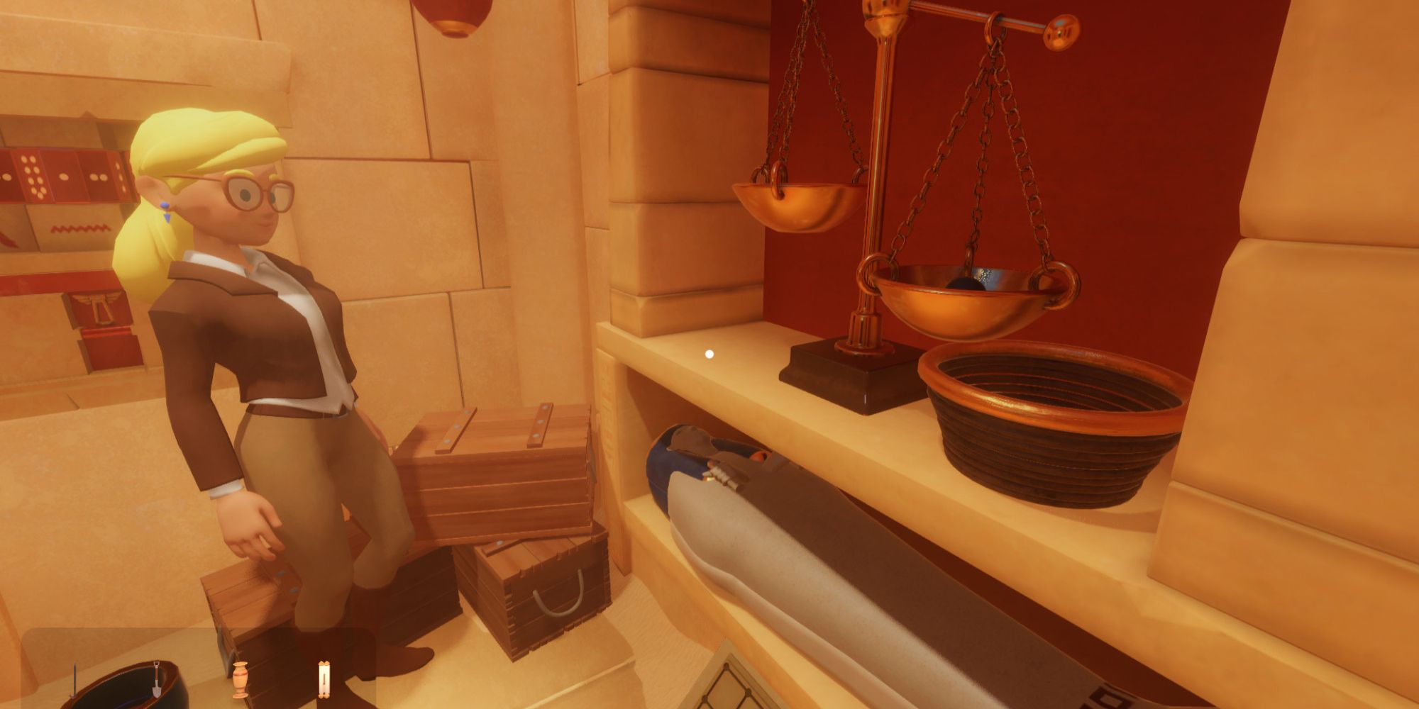 Adventurer standing in an Egyptian setting, looking at a metal scale.
