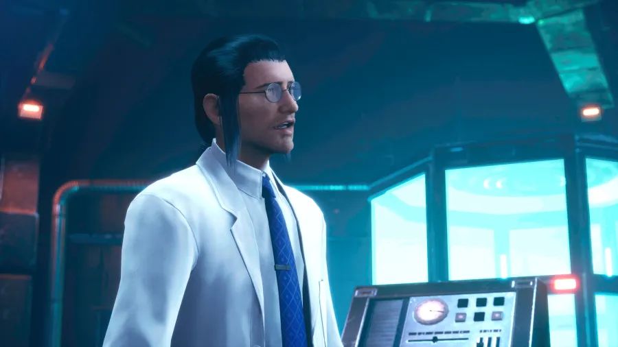 Professor Hojo in lab suit with blue tie