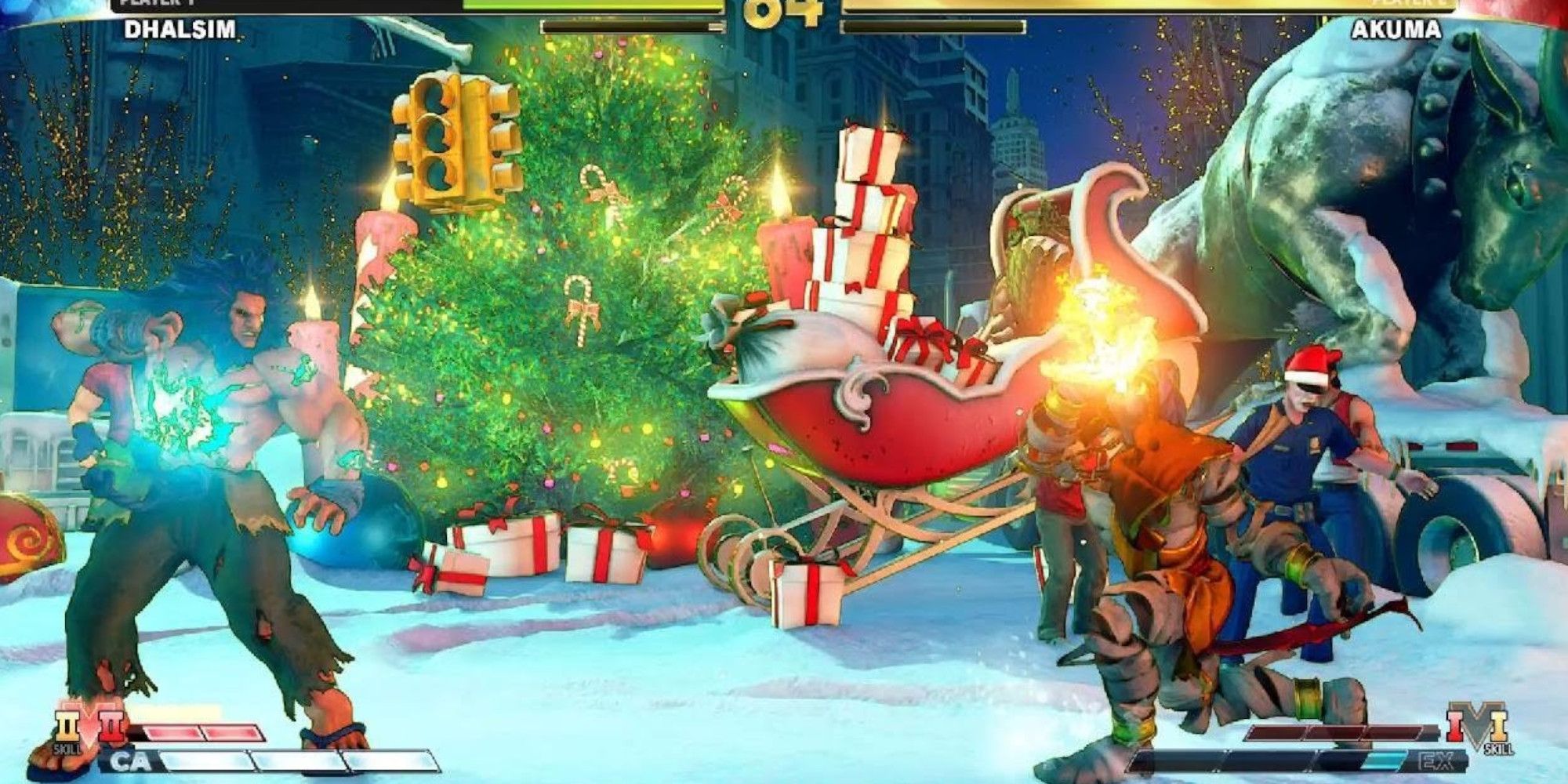 Akuma and Dhalsim duking it out in Street Fighter 5's Frosty Boulevard