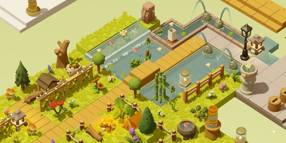 Garden Galaxy Water Feature With Waterfall Surrounded By Grass Tiles With Wooden Bridge