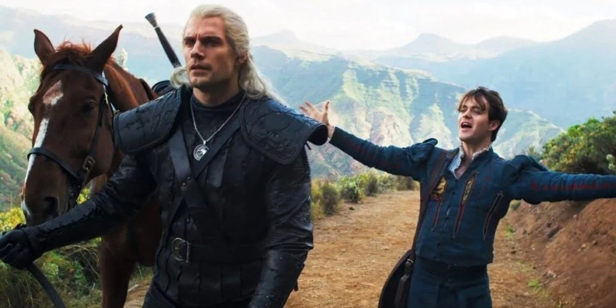 jaskier gesturing to geralt as he leaves with roach