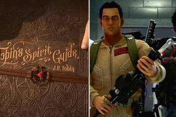 Two images, The left shows a brown book titled