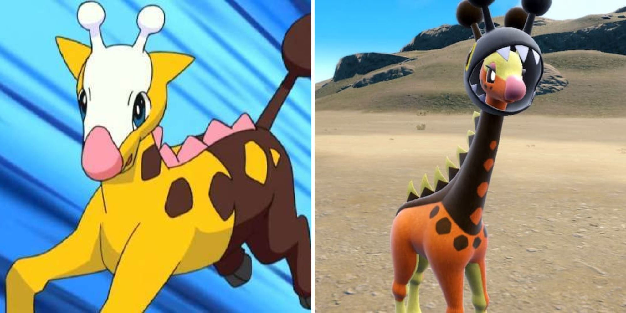 Girafarig jumps through the air and Farigiraf walks through a desert