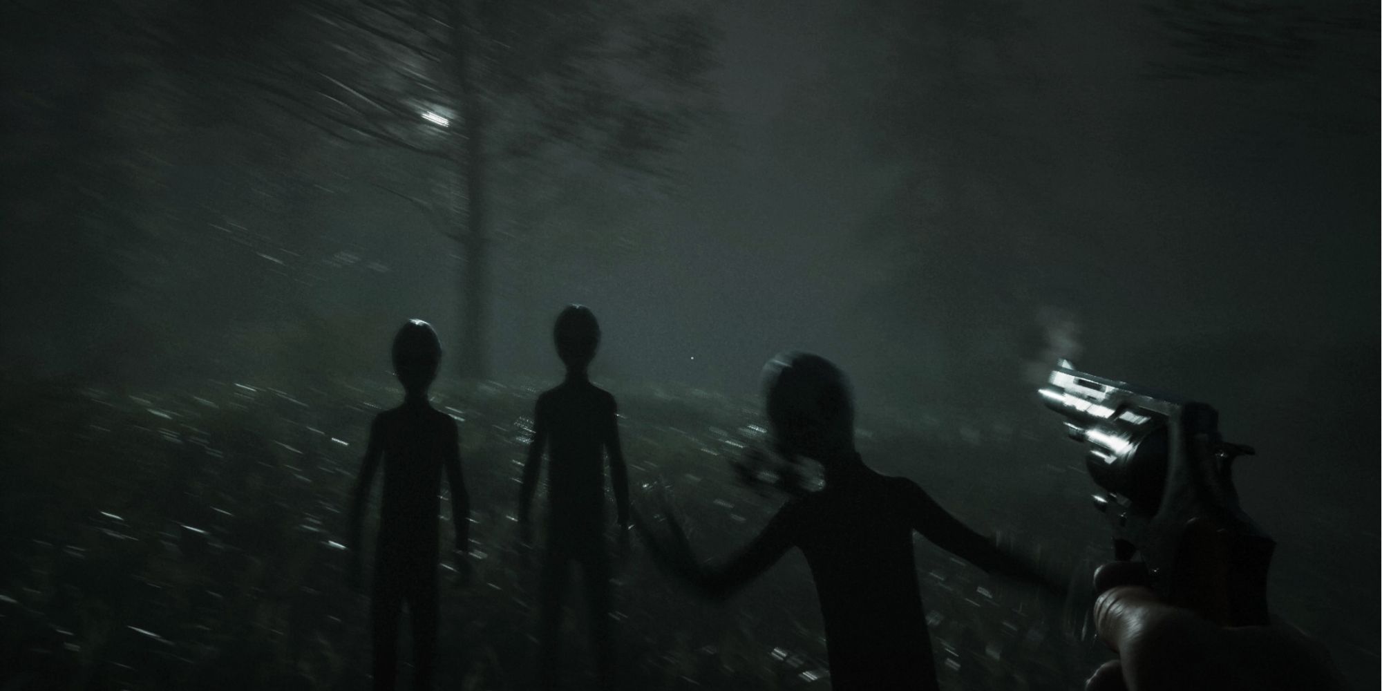 Three aliens at night in a field from Greyhill Incident