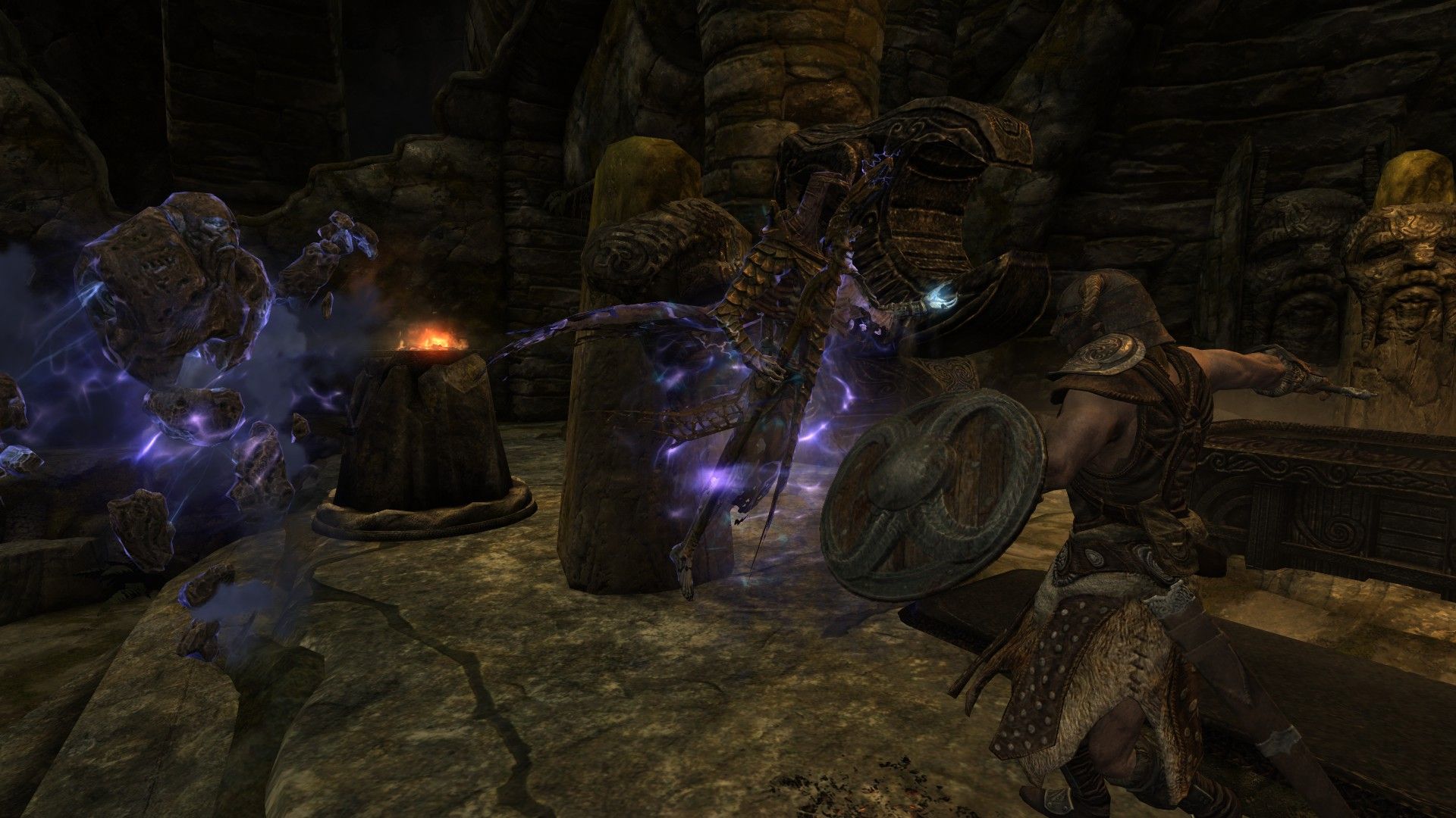 A dragon priest and his summoned minion attack a warrior inside a tomb.