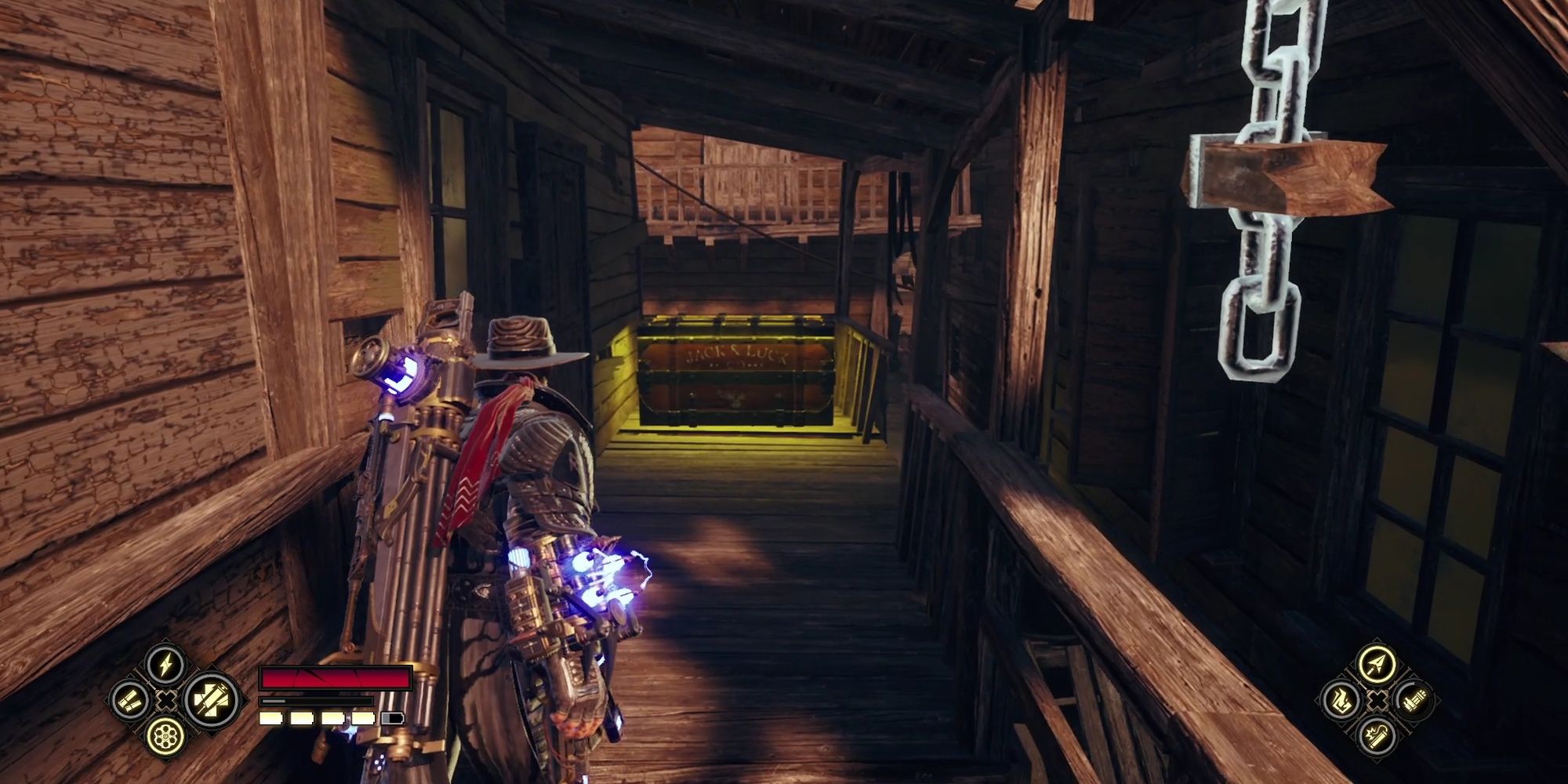Evil West: Jessie Discovering A Hidden Chest With The Gatling Upgrade Inside