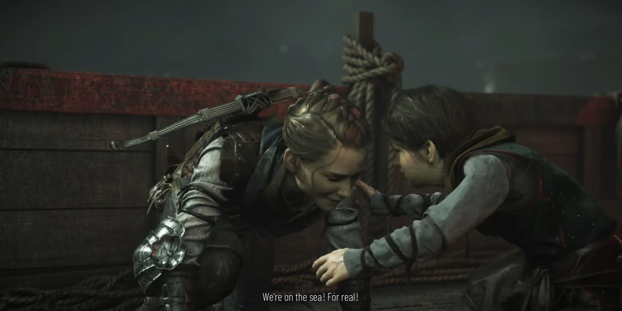 Hugo and Amicia sailing to La Cuna in A Plague Tale Requiem