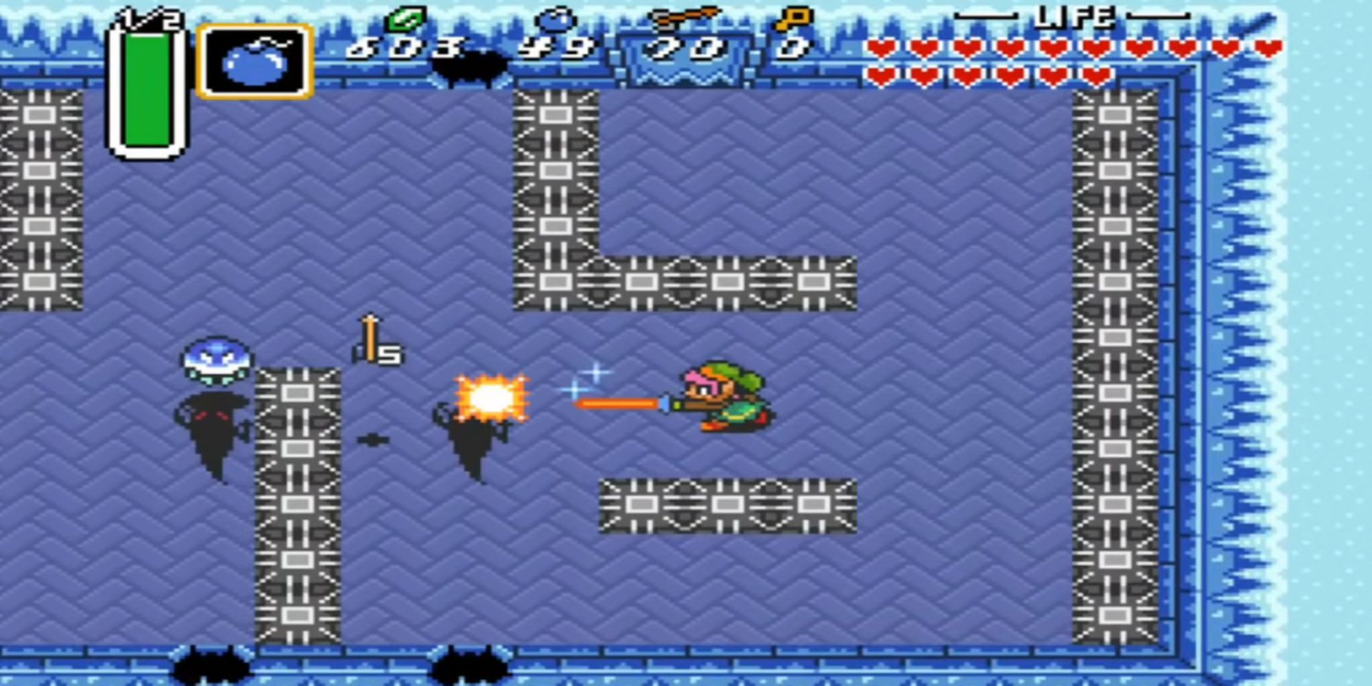 Link swings his sword at an enemy in the Ice Palace
