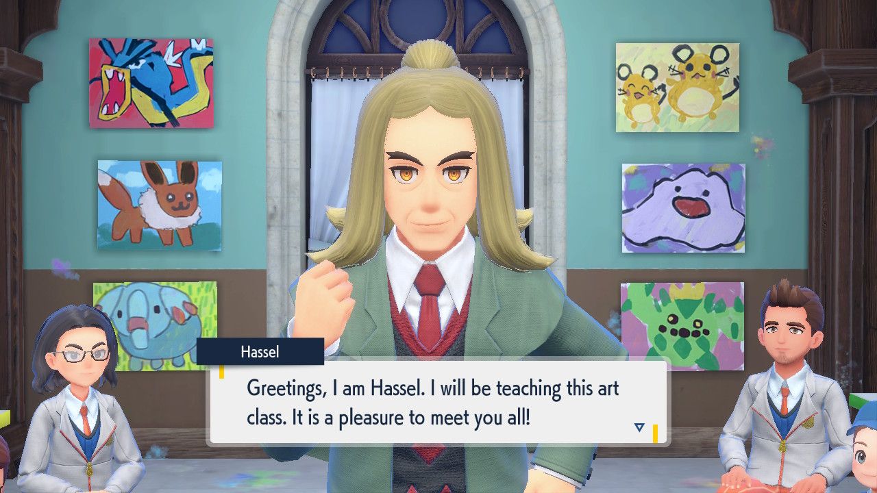 Pokemon Scarlet Violet Hassel teacher introduction to art class 