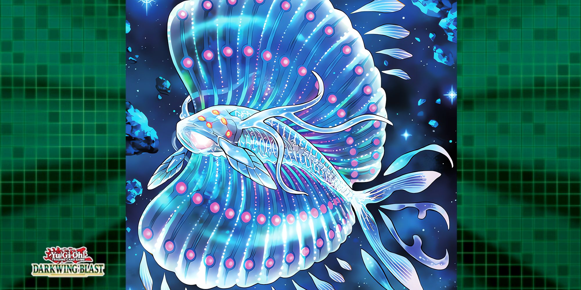 Ixeep Omen of the Ghoti shows a translucent blue space fish with pink and purple speckles along its manta ray-like fins.