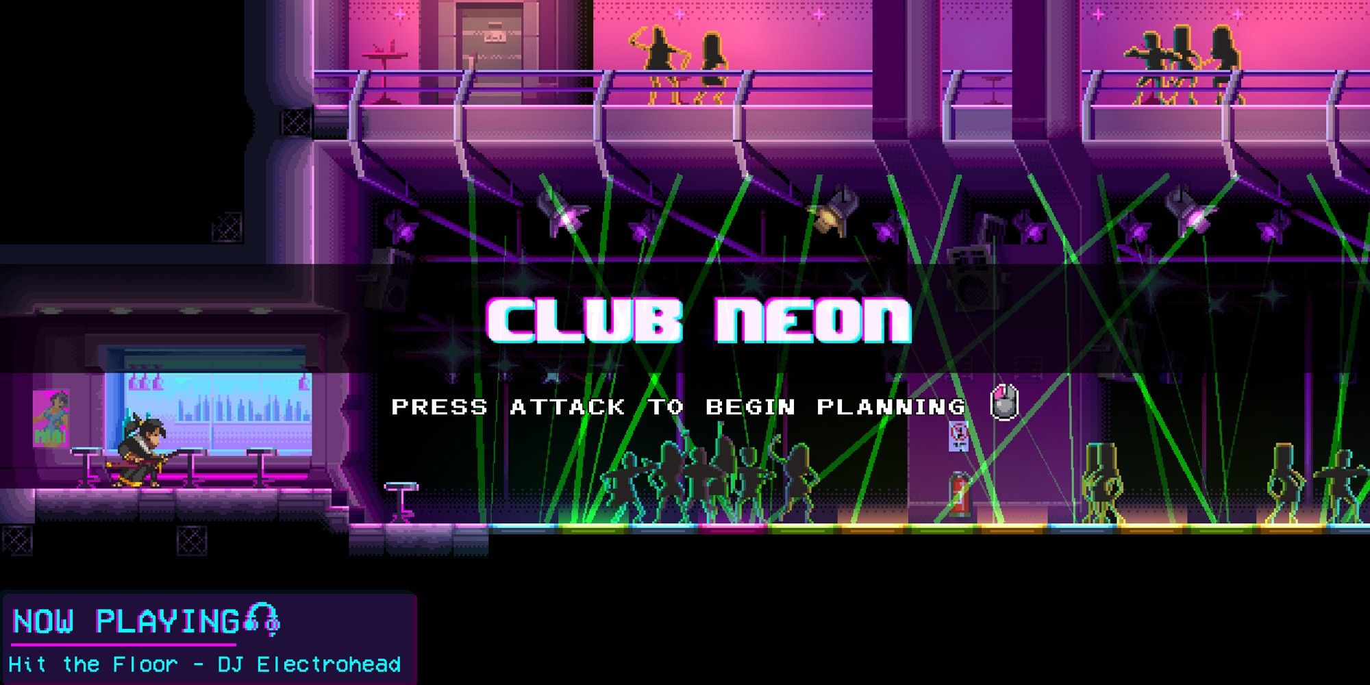 Katana Zero Club Neon Location With A Player Prompt And Characters Dancing In the Background.