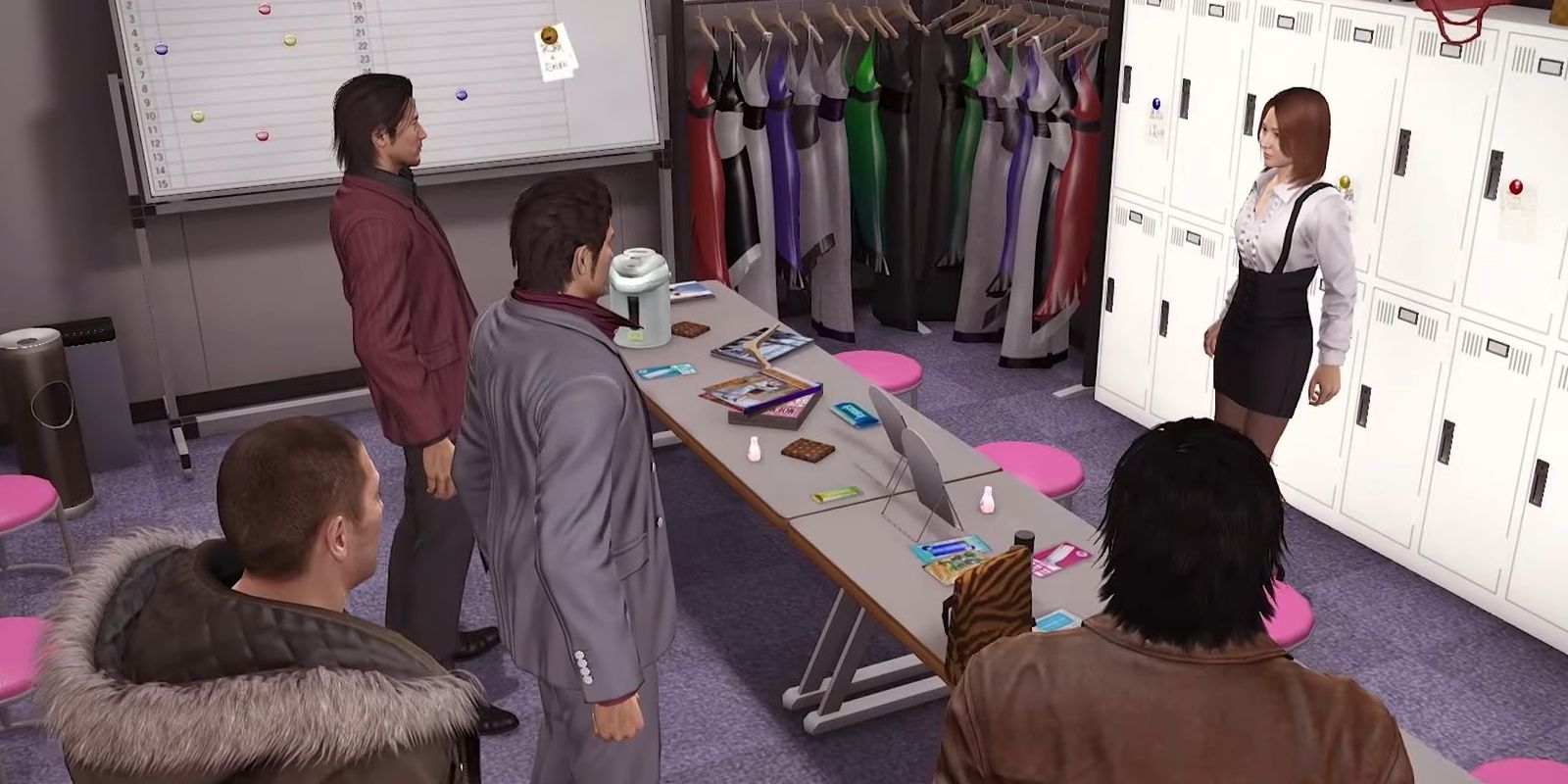 Kiryu, Akiyama, Saejima, Shinada, and Yuiko in the office of Club Elise after gathering up everybody in Yakuza 5.