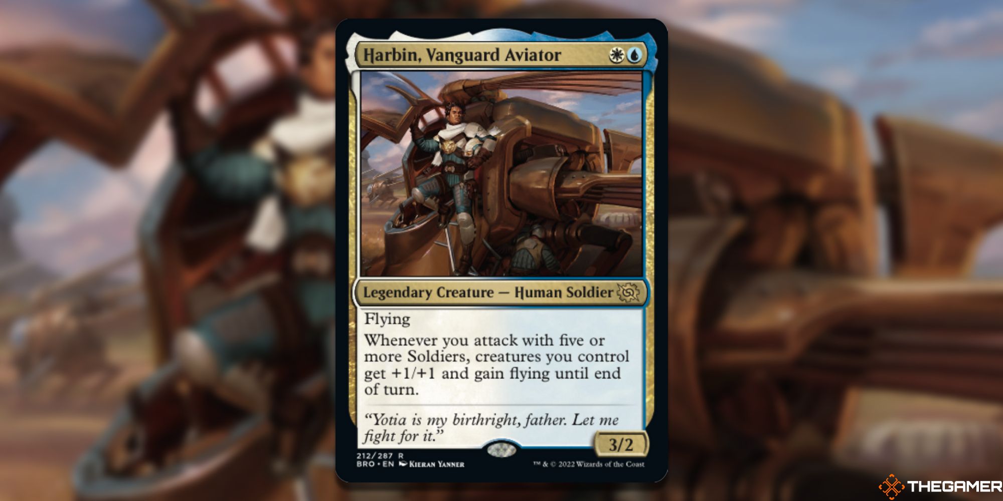 Image of the Harbin Vanguard Aviator card in Magic: The Gathering, with art by Kieran Yanner
