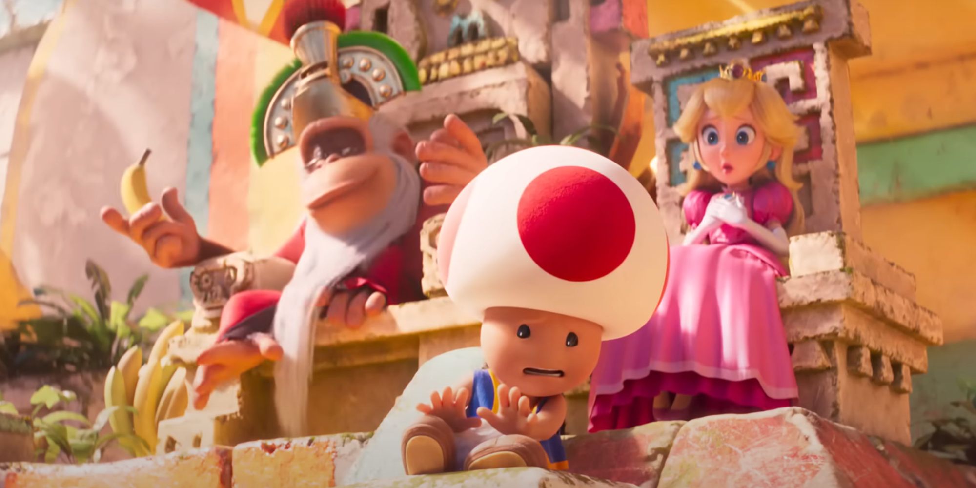 Mario Movie Trailer Toad and Peach Shocked while Cranky Kong eats banana