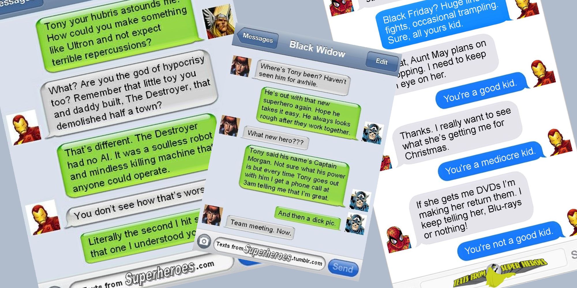Iron Man and Thor messaging, Black Widow and Captain America messaging, and Iron Man and Spider-Man messaging on mobile phones
