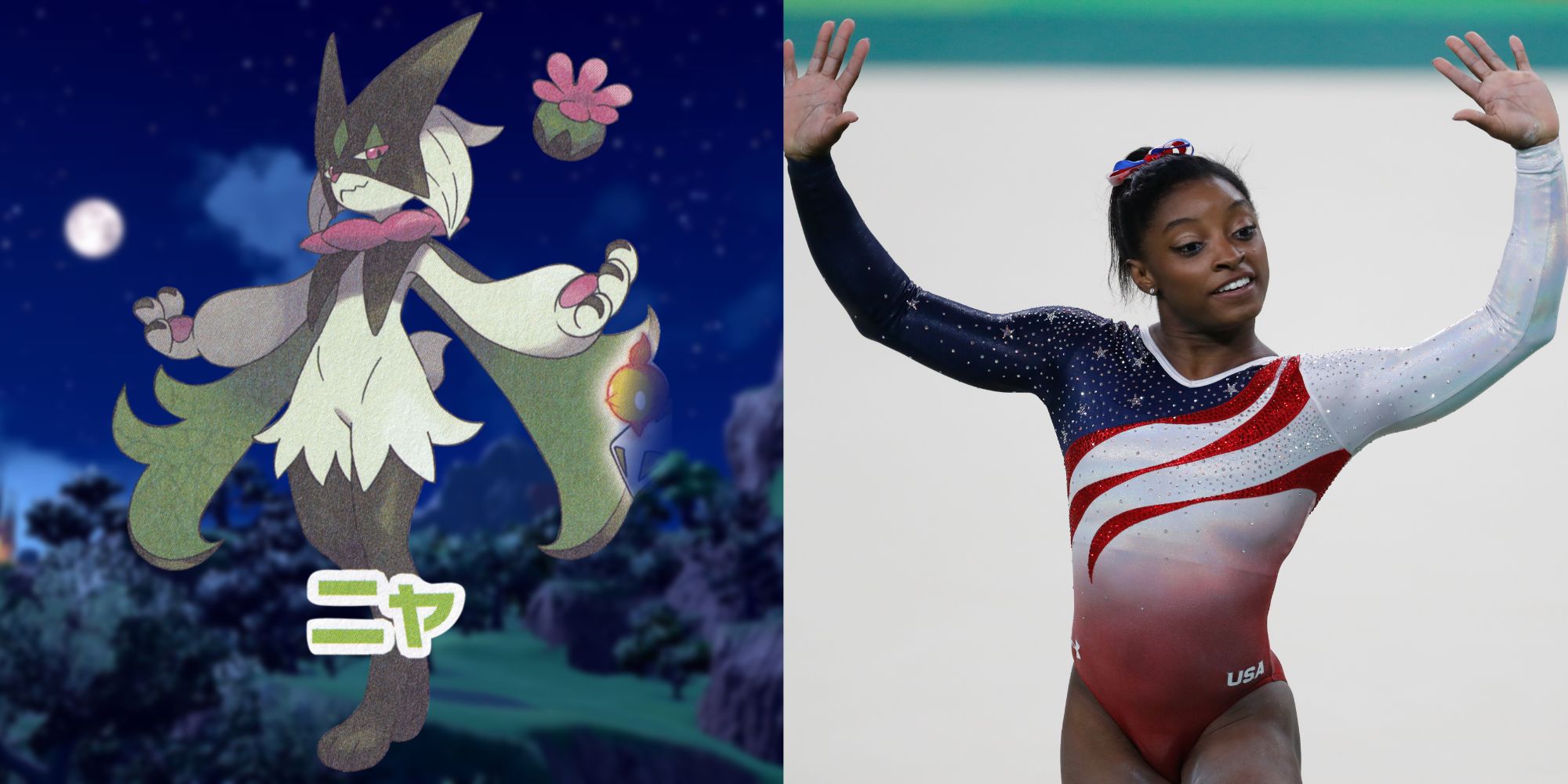 Meowscarada over Paldea background; Simone Biles, 2016 Rio de Janeiro Olympics